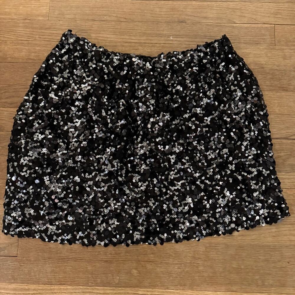 Joe Fresh black silver sequin elastic waist knee length a-line skirt size L
b60